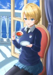 Rule 34 | 1girl, balcony, black necktie, black pantyhose, blonde hair, blue eyes, blue skirt, blue sky, blue sweater, blurry, blurry background, braid, cup, darjeeling (girls und panzer), day, depth of field, dress shirt, emblem, girls und panzer, highres, holding, holding cup, holding saucer, indoors, kzy5112, long sleeves, looking at viewer, miniskirt, necktie, open mouth, pantyhose, pleated skirt, saucer, school uniform, shirt, short hair, sitting, skirt, sky, smile, solo, st. gloriana&#039;s (emblem), st. gloriana&#039;s school uniform, sweater, tea, teacup, v-neck, white shirt, window, wing collar, wooden chair