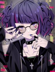 Rule 34 | 1girl, absurdres, black-framed eyewear, black choker, black jacket, blue nails, blunt bangs, choker, collarbone, cross, cross necklace, diagonal bangs, drawstring, facial mark, fingernails, glasses, goth fashion, gothic, hands up, highres, idolmaster, idolmaster shiny colors, jacket, jewelry, long sleeves, looking at viewer, mek number, multicolored hair, nail polish, necklace, open clothes, open jacket, pink hair, purple eyes, purple hair, ring, short hair, sleeves past wrists, solo, star (symbol), streaked hair, studded choker, tanaka mamimi, twintails, two-tone hair, upper body, zipper
