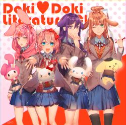 Rule 34 | &gt; o, 4girls, :d, ;), animal ears, animal hood, bad id, bad pixiv id, black legwear, blue eyes, blue skirt, bow, brown hair, capelet, cat ears, cinnamoroll, commentary, copyright name, doki doki literature club, green eyes, hair between eyes, hair bow, hair ornament, hair ribbon, hairclip, hand on own chin, hand on own hip, hello kitty, hello kitty (character), highres, hood, hooded capelet, knife, light smile, long hair, looking at viewer, monika (doki doki literature club), multiple girls, my melody, natsuki (doki doki literature club), one eye closed, onegai my melody, open mouth, outstretched arms, pen, pink eyes, pink hair, pleated skirt, polka dot, polka dot background, pompompurin, ponytail, purple eyes, purple hair, rabbit hood, red bow, red ribbon, ribbon, sanrio, sayori (doki doki literature club), school uniform, short hair, skirt, smile, thighhighs, white ribbon, yakusuke, yuri (doki doki literature club)