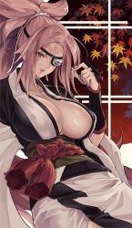 Rule 34 | 1girl, amputee, arm guards, baiken, big hair, black kimono, breasts, cleavage, commentary request, eyepatch, facial tattoo, guilty gear, guilty gear xrd, hand in own hair, highres, jako (toyprn), japanese clothes, kataginu, kimono, large breasts, leaf, long hair, looking down, maple leaf, multicolored clothes, multicolored kimono, obi, one-eyed, open clothes, open kimono, parted lips, pink eyes, pink hair, ponytail, rope, samurai, sash, scar, scar across eye, scar on face, solo, tattoo, white kimono