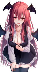 Rule 34 | 1girl, 7saki, :d, absurdres, bad id, bad pixiv id, black dress, black thighhighs, blush, breasts, cleavage, collarbone, collared shirt, commentary request, cowboy shot, demon wings, dress, eyelashes, frills, grey shirt, hair between eyes, hand up, head wings, highres, juliet sleeves, koakuma, large breasts, leaning forward, long hair, long sleeves, looking at viewer, open clothes, open dress, open mouth, open shirt, puffy long sleeves, puffy sleeves, red eyes, red hair, shirt, simple background, skirt, smile, solo, standing, teeth, thighhighs, tongue, touhou, very long hair, white background, white shirt, white thighhighs, wings, zettai ryouiki