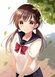 Rule 34 | 1girl, black skirt, blush, bow, bowtie, breasts, brown eyes, brown hair, closed mouth, commentary request, day, hair between eyes, leaf, long hair, looking at viewer, low twintails, original, outdoors, pleated skirt, red bow, red bowtie, sakura hiyori, school uniform, serafuku, shirt, short sleeves, skirt, small breasts, smile, solo, standing, twintails, white shirt