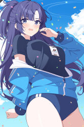 Rule 34 | 1girl, black shirt, blue archive, blue buruma, blush, buruma, gym uniform, halo, highres, id card, jacket, jacket partially removed, long hair, looking at viewer, off shoulder, open clothes, open jacket, open mouth, outdoors, partially unzipped, purple eyes, purple hair, rin ateria, shirt, solo, star (symbol), star sticker, sticker on face, track jacket, two-sided fabric, two-sided jacket, white shirt, yuuka (blue archive), yuuka (track) (blue archive)