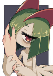 Rule 34 | arm grab, bags under eyes, colored skin, creatures (company), game freak, gen 3 pokemon, green hair, highres, horns, ino (tellu0120), kirlia, kiss, kissing hand, looking at viewer, multicolored skin, nail polish, nintendo, out of frame, pink eyes, pink nails, pokemon, pokemon (creature), sidelocks, simple background, two-tone skin, white skin