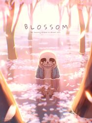 Rule 34 | 1boy, blue jacket, cherry blossoms, english text, falling petals, flower, highres, hood, hood down, hooded jacket, jacket, korokor59513559, male focus, open clothes, partially submerged, petals, reflection, sans (undertale), shirt, skeleton, solo, spring (season), teeth, tree, undertale, water, white shirt