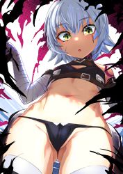 Rule 34 | 1girl, :o, absurdres, ass, black panties, black thighhighs, breasts, cameltoe, facial scar, fate/apocrypha, fate/grand order, fate (series), gluteal fold, green eyes, groin, hair between eyes, highres, jack the ripper (fate/apocrypha), looking at viewer, mightyjump98, navel, open mouth, panties, partially visible vulva, scar, scar across eye, scar on cheek, scar on face, short hair, shoulder tattoo, small breasts, stomach, tattoo, thighhighs, thighs, thong, underwear, white hair
