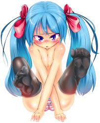 Rule 34 | 1girl, blue hair, blush, cameltoe, feet, long hair, no shoes, original, osatsu, panties, purple eyes, ribbon, soles, solo, striped clothes, striped panties, tears, thighhighs, toes, topless, twintails, underwear, underwear only