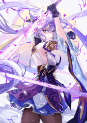 Rule 34 | 1girl, absurdres, arm guards, armpits, breasts, closed mouth, commentary request, dress, earrings, eyebrows hidden by hair, fighting stance, flower, genshin impact, gloves, hair between eyes, highres, jewelry, keqing (genshin impact), long hair, long sleeves, looking at viewer, mihoyo, pantyhose, purple dress, purple eyes, purple hair, sideboob, sleeveless, sleeveless dress, solo, standing, sword, vardan, weapon
