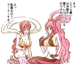 Rule 34 | 2girls, black gloves, blue eyes, blush, breasts, cleavage, cosplay, costume switch, gloves, huge breasts, large breasts, long hair, matching hair/eyes, multiple girls, navel, one piece, pink eyes, pink hair, rebecca (one piece), shirahoshi