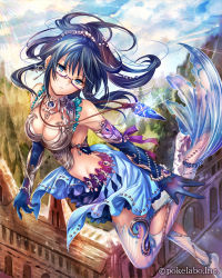 Rule 34 | 1girl, anklet, bare shoulders, barefoot, blue eyes, blue gloves, blue hair, blue skirt, breasts, cleavage, earrings, eikou no guardian battle, glasses, gloves, highres, jewelry, long hair, looking at viewer, madogawa, matching hair/eyes, midriff, necklace, original, skirt, solo
