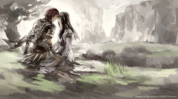 Rule 34 | 1boy, 1girl, armor, barefoot, bird, black hair, closed eyes, couple, dress, feet, hetero, holding hands, imminent kiss, kneeling, long hair, mono (shadow of the colossus), mos, nature, red hair, scenery, shadow of the colossus, short hair, sky, surcoat, tree, wander (shadow of the colossus), wristband