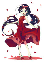 Rule 34 | 1girl, :d, absurdres, arms at sides, black eyes, black hair, blush, breasts, dress, floating hair, highres, long hair, low ponytail, offbeat, open mouth, pale skin, parted bangs, petals, ponytail, red dress, red footwear, red petals, rhythm tengoku, see-through silhouette, simple background, sketch, skirt hold, sleeveless, sleeveless dress, small breasts, smile, solo, very long hair, white background, yuka (rhythm tengoku)