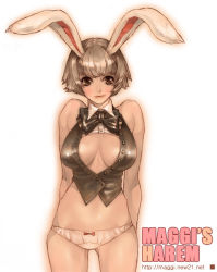 Rule 34 | 1girl, animal ears, bow, bow panties, bowtie, breasts, cleavage, cleavage cutout, clothing cutout, large breasts, looking at viewer, maggi, midriff, no bra, original, panties, rabbit ears, short hair, silver hair, simple background, solo, underwear, vest, white background, white panties