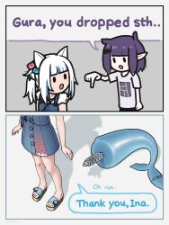 Rule 34 | 2girls, 30kton, :o, absurdres, anal tail, animal ears, antenna hair, blue bag, blue dress, butt plug, cat ears, clenched hand, collared shirt, colored tips, cube hair ornament, detached tail, dress, english text, fake tail, gawr gura, grey background, hair ornament, highres, hololive, hololive english, looking at another, multicolored hair, multiple girls, ninomae ina&#039;nis, official alternate costume, open mouth, pale skin, pointing, pointing down, pointy ears, print shirt, purple hair, sandals, screw, sex toy, shadow, shirt, side ponytail, speech bubble, stitched tail, streaked hair, tail, talking, tentacle hair, two-tone hair, virtual youtuber, white hair, white shirt, white undershirt