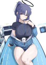 Rule 34 | 1girl, black shirt, blue archive, blue buruma, blue jacket, blush, breasts, buruma, cliov, closed mouth, commentary, drone, facial mark, feet out of frame, halo, highres, id card, jacket, lanyard, large breasts, long hair, mechanical halo, official alternate costume, official alternate hairstyle, partially unzipped, purple eyes, purple hair, shirt, signature, simple background, solo, star (symbol), track jacket, white background, yuuka (blue archive), yuuka (track) (blue archive)