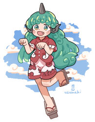 Rule 34 | 1girl, blue sky, blush, brown footwear, cloud print, commentary request, curly hair, fang, full body, geta, green eyes, green hair, horns, komano aunn, long hair, looking at viewer, open mouth, outdoors, red shirt, shirt, short sleeves, shorts, signature, single horn, sky, solo, touhou, uzumaki osushi