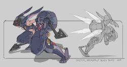 Rule 34 | axe, blue gloves, blue leotard, cable, clothing cutout, dark-skinned female, dark skin, dual wielding, elbow gloves, flat chest, gloves, glowing, grey background, helmet, highres, holding, holding axe, leotard, mecha musume, mechanical ears, mechanical legs, original, running, science fiction, shadow, stomach cutout, thrusters, unfinished, zen (jirakun)