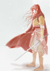 Rule 34 | 1boy, amputee, boots, cape, elf, highres, long hair, maedhros, male focus, middle earth, mintkim, pointy ears, red hair, snow, solo, sword, the silmarillion, tolkien&#039;s legendarium, tolkien's legendarium, weapon