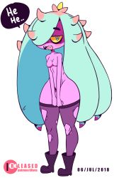 Rule 34 | 1girl, animated, animated gif, artist name, black thighhighs, blue eyes, blue hair, blush, blush stickers, boots, breasts, cleft of venus, colored sclera, creatures (company), dated, diives, english text, female focus, full body, game freak, gen 7 pokemon, hair over one eye, half-closed eyes, hands up, highres, long hair, looking at viewer, mareanie, navel, nintendo, nipples, no humans, open mouth, patreon logo, patreon username, personification, pokemon, pokemon (creature), purple footwear, pussy, see-through, sharp teeth, simple background, small breasts, smile, solo, speech bubble, standing, talking, teeth, text focus, thick thighs, thighhighs, thighs, torn clothes, torn thighhighs, uncensored, very long hair, watermark, white background, wide hips, yellow sclera