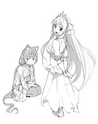 Rule 34 | 2girls, :d, animal ear fluff, animal ears, arms behind back, blush, braid, breasts, cat ears, closed mouth, detached sleeves, dress, frilled skirt, frills, gloves, greyscale, hair ribbon, karyl (princess connect!), long hair, long sleeves, looking at viewer, looking back, medium breasts, monochrome, multiple girls, open mouth, pecorine (princess connect!), princess connect!, puffy short sleeves, puffy sleeves, ribbon, saiste, shirt, short sleeves, simple background, skirt, sleeveless, sleeveless shirt, smile, squatting, standing, thighhighs, tiara, very long hair, white background, wide sleeves