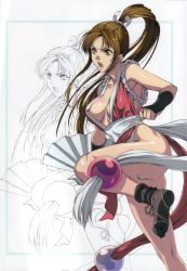 Rule 34 | 1girl, ass, breasts, brown eyes, brown hair, cleavage, fatal fury, folding fan, gloves, hand fan, highres, homare (fool&#039;s art), japanese clothes, leg up, long hair, ninja, open mouth, panties, pelvic curtain, ponytail, shiranui mai, snk, solo, the king of fighters, underwear, weapon, white panties, zoom layer