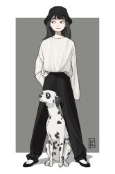 Rule 34 | 1girl, animal, arm behind back, black footwear, black hair, black headwear, black pants, closed mouth, commentary, dalmatian, dog, full body, grey background, hat, highres, kimura 731, legs apart, light smile, long hair, looking to the side, original, outside border, pants, shirt, shirt tucked in, shoes, sideways glance, sleeves past fingers, sleeves past wrists, socks, standing, symbol-only commentary, white shirt, white socks