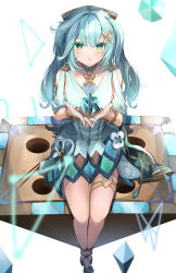 Rule 34 | 1girl, :o, aqua hair, bare legs, bare shoulders, bracelet, clothing cutout, colored eyelashes, dress, faruzan (genshin impact), full body, genshin impact, green eyes, hair ornament, highres, jewelry, long hair, looking at viewer, nagominagon, neck ring, parted lips, shoulder cutout, sitting, solo, symbol-shaped pupils, thighlet, thighs, triangle-shaped pupils, twintails, white background, white dress, x hair ornament