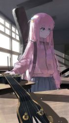 Rule 34 | 1girl, absurdres, blue eyes, bocchi the rock!, classroom, commentary, cube hair ornament, desk, electric guitar, gibson les paul, gotoh hitori, grey skirt, guitar, guitar case, hair ornament, highres, indoors, instrument, instrument case, jacket, long hair, long sleeves, looking to the side, one side up, pink hair, pink jacket, pleated skirt, rsef, school desk, skirt, solo, standing, track jacket, window