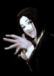 Rule 34 | 1boy, black eyes, black hair, black jacket, closed mouth, commentary request, formal, from side, furuta nimura, highres, jacket, long sleeves, looking at viewer, male focus, own hands together, pale skin, sanoi (giraffe), shirt, short hair, simple background, smile, solo, tokyo ghoul, tokyo ghoul:re, upper body, white shirt