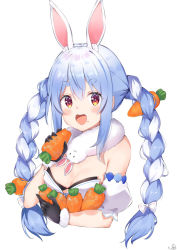 Rule 34 | 1girl, :d, animal ear fluff, animal ears, auui, black gloves, blue hair, blush, bow, braid, breasts, carrot, commentary request, cropped torso, detached sleeves, don-chan (usada pekora), food, food on face, gloves, hair bow, highres, holding, holding food, hololive, looking at viewer, medium breasts, mixed-language commentary, multicolored eyes, open mouth, puffy short sleeves, puffy sleeves, rabbit ears, short sleeves, signature, simple background, smile, solo, thick eyebrows, twin braids, usada pekora, usada pekora (1st costume), virtual youtuber, white background, white bow, white hair