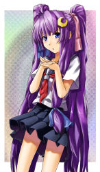Rule 34 | 1girl, alternate costume, alternate hairstyle, alto-00, bow, crescent, crescent hair ornament, crescent moon, crossed fingers, female focus, hair bow, hair ornament, own hands clasped, highres, long hair, moon, multi-tied hair, own hands together, patchouli knowledge, purple eyes, purple hair, school uniform, solo, touhou, twintails, two side up, very long hair