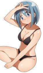 Rule 34 | 1girl, absurdres, bare legs, bare shoulders, bikini, black bikini, blue eyes, blue hair, blush, breasts, closed mouth, collarbone, dot nose, hateri, highres, indian style, legs, looking at viewer, mahou shoujo madoka magica, medium breasts, medium hair, miki sayaka, simple background, sitting, smile, solo, swimsuit, v, white background