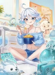 Rule 34 | 1girl, ahoge, alternate costume, artist name, bare shoulders, blue eyes, blue hair, blue nails, blue shirt, blue shorts, book, bra, calendar (object), commission, dot nose, drawer, food, furina (genshin impact), genshin impact, gentilhomme usher, hair between eyes, holding, holding cooking pot, holding spoon, indian style, legs, leisurely otter (genshin impact), licking lips, macaroni and cheese (food), mademoiselle crabaletta, midriff, navel, neuvillette (genshin impact), nightbawnana, no shoes, off-shoulder shirt, off shoulder, paimon (genshin impact), shirt, short hair, shorts, sitting, slime (genshin impact), socks, solo, spoon, stuffed toy, surintendante chevalmarin, tongue, tongue out, triangle hair ornament, underwear, vision (genshin impact), white bra, white hair, white socks, wriothesley (genshin impact)