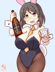 Rule 34 | 1girl, alcohol, alternate costume, animal ears, artist logo, bare shoulders, between breasts, black leotard, blue background, blush, bottle, bow, bowtie, breasts, cleavage, covered navel, dated, detached collar, fake animal ears, kanon (kurogane knights), kantai collection, kirishima (kancolle), large breasts, leotard, looking at viewer, necktie, necktie between breasts, one-hour drawing challenge, pantyhose, playboy bunny, rabbit ears, smile, solo, strapless, strapless leotard