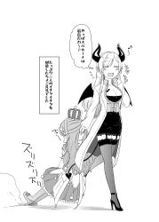 Rule 34 | 2girls, bat tattoo, breasts, cleavage, crown, demon girl, demon horns, demon tail, demon wings, dragging, dress, dust cloud, eighth note, garter straps, greyscale, high heels, highres, himemori luna, himemori luna (1st costume), hololive, horns, lab coat, large breasts, long hair, miniskirt, monochrome, moroyan, multiple girls, musical note, open mouth, pencil skirt, pointy ears, shipping (fandom), skirt, smile, tail, tattoo, thighhighs, translation request, virtual youtuber, wings, yuzuki choco, yuzuki choco (1st costume)
