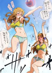 Rule 34 | 2girls, arms up, ball, beach volleyball, bikini, blue eyes, blue sky, blush, bouncing breasts, braid, breasts, brown hair, clenched teeth, cloud, commentary request, day, highres, idolmaster, idolmaster million live!, jumping, kousaka umi, long hair, medium breasts, multiple girls, navel, one eye closed, open mouth, outdoors, sky, sports bra, striped bikini, striped clothes, swimsuit, teeth, tokoro megumi, translation request, twin braids, volleyball, volleyball (object), wince, yaneko uta