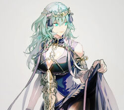 Rule 34 | 1girl, bare shoulders, braid, breasts, byleth (female) (fire emblem), byleth (fire emblem), cleavage, closed mouth, cosplay, enlightened byleth (female), fingernails, fire emblem, fire emblem: three houses, green eyes, green hair, grey background, hair between eyes, hair ornament, large breasts, long hair, nintendo, official alternate costume, simple background, smile, solo, sothis (fire emblem), sothis (fire emblem) (cosplay), tsukimura noe, twin braids