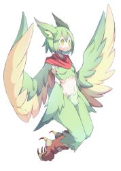 Rule 34 | 1girl, 4138, animal ears, bad id, bad pixiv id, blush, breasts, claws, feathered wings, feathers, green feathers, green hair, harpy, highres, midriff, monster girl, navel, original, pointy ears, scarf, simple background, small breasts, smile, solo, talons, winged arms, wings, yellow eyes, yellow feathers