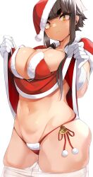 1girl absurdres bell bikini blush breasts brown_hair capelet capelet_lift christmas closed_mouth commentary_request gloves hat highres jovejun large_breasts lifting_own_clothes looking_at_viewer navel original red_bikini red_capelet red_hat santa_hat short_hair_with_long_locks side-tie_bikini_bottom simple_background solo sweat swimsuit thick_eyebrows tsubomioka_happa white_background white_gloves yellow_eyes