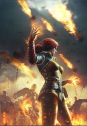 Rule 34 | 1girl, banner, battle, battle standard, burning, fiery background, fire, fireball, gwent (game), highres, non-web source, pants, red hair, the witcher (series), the witcher 3, triss merigold, war banner