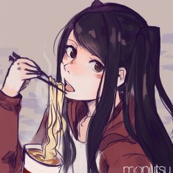 Rule 34 | 1girl, artist name, black hair, blush, brown eyes, chopsticks, eating, food, holding, holding chopsticks, hood, hoodie, jill stingray, kittypaw, long hair, long sleeves, looking at viewer, multicolored clothes, noodles, open mouth, raglan sleeves, ramen, red hoodie, solo, teeth, tongue, tsurime, twintails, upper body, upper teeth only, va-11 hall-a, white hoodie