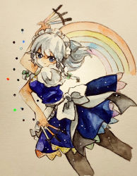 Rule 34 | 1girl, apron, between fingers, blue dress, blue eyes, bow, braid, dress, holding, holding knife, holding weapon, izayoi sakuya, key747h, knife, knives between fingers, looking at viewer, maid, maid headdress, painting (medium), pantyhose, puffy short sleeves, puffy sleeves, rainbow, short hair, short sleeves, silver hair, smile, touhou, traditional media, twin braids, unconnected marketeers, waist apron, waist bow, watercolor (medium), weapon