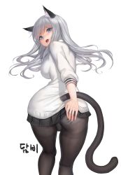 Rule 34 | 1girl, absurdres, animal ears, ass, bent over, black pantyhose, black skirt, blade &amp; soul, blue eyes, cardigan, cat ears, cat girl, cat tail, clothes lift, egk513, from behind, highres, kneepits, lifting own clothes, long hair, long sleeves, looking at viewer, looking back, miniskirt, open mouth, panties, panties under pantyhose, pantyhose, pleated skirt, school uniform, silver hair, simple background, skirt, skirt lift, solo, sweater, tail, thighband pantyhose, tongue, tongue out, underwear, white background, white panties, white sweater