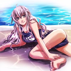 Rule 34 | 1girl, ass, bare shoulders, barefoot, breasts, cleavage, full metal panic!, hair between eyes, large breasts, long hair, looking at viewer, lying, mimominopekori, name tag, on side, one-piece swimsuit, pool, poolside, school swimsuit, grey eyes, silver hair, soles, solo, swimsuit, teletha testarossa, toes, water