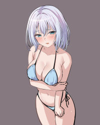 Rule 34 | 1girl, aqua eyes, arm under breasts, bang dream!, bare arms, bare shoulders, bikini, blue bikini, blush, breasts, cleavage, collarbone, commentary request, cowboy shot, from above, grey background, grey hair, hair between eyes, halterneck, hand on own arm, highres, kurata mashiro, large breasts, looking at viewer, looking up, medium hair, navel, parted lips, ptal, side-tie bikini bottom, simple background, solo, standing, stomach, string bikini, swimsuit, water drop, wet, wet hair