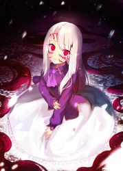 Rule 34 | 1girl, absurdres, ascot, command spell, commentary request, facial mark, fate/kaleid liner prisma illya, fate/stay night, fate (series), frilled skirt, frills, glowing, glowing eyes, highres, illyasviel von einzbern, long hair, long sleeves, looking at viewer, miruto netsuki, pink ascot, purple shirt, red eyes, shirt, silver hair, sitting, skirt, sleeves past wrists, solo, tears, very long hair, white skirt