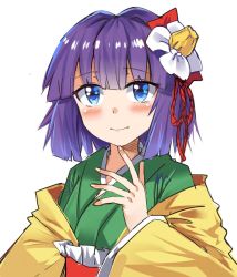 Rule 34 | 1girl, blue eyes, blush, commentary request, e.o., flower, green kimono, hair flower, hair intakes, hair ornament, hand up, hieda no akyuu, japanese clothes, kimono, long sleeves, looking at viewer, off shoulder, purple hair, short hair, simple background, smile, solo, touhou, upper body, white background, white flower, wide sleeves, yellow kimono