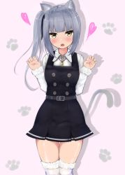 Rule 34 | 1girl, :o, animal ears, bad id, bad pixiv id, belt, belt buckle, black dress, black ribbon, blunt bangs, blush, buckle, buttons, cat ears, cat tail, claw pose, collar, cowboy shot, double-breasted, dress, fur-trimmed legwear, fur-trimmed sleeves, fur trim, hair ribbon, hands up, kantai collection, kasumi (kancolle), kasumi kai ni (kancolle), kemonomimi mode, long hair, long sleeves, looking at viewer, miyako (miyako lplover), open mouth, paw print, paw print background, pinafore dress, pink background, ribbon, shiny skin, shirt, side ponytail, sleeveless, sleeveless dress, solo, standing, tail, thigh gap, thighhighs, thighs, v-shaped eyebrows, w arms, white shirt, white thighhighs, wing collar