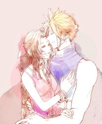 Rule 34 | 1boy, 1girl, aerith gainsborough, arms around waist, bangle, bare arms, belt, blonde hair, blue shirt, bracelet, braid, braided ponytail, breasts, brown hair, choker, closed eyes, cloud strife, couple, dress, earrings, final fantasy, final fantasy vii, hair between eyes, hair ribbon, hand on another&#039;s arm, hand on another&#039;s chest, highres, jacket, unworn jacket, jewelry, long hair, medium breasts, muscular, muscular male, open mouth, parted bangs, pink dress, ribbon, shirt, short hair, sidelocks, single earring, sleeveless, sleeveless dress, sleeveless turtleneck, smile, spiked hair, square enix, teeth, turtleneck, upper body, upper teeth only, wavy hair, yco 030601