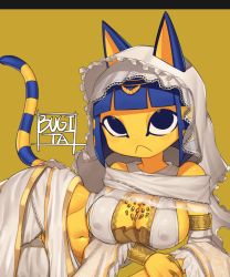 Rule 34 | 1girl, :&lt;, alternate costume, animal crossing, animal ears, ankha (animal crossing), artist name, bare shoulders, black eyes, blonde hair, blue hair, blunt bangs, blush, blush stickers, bob cut, body fur, breasts, bugita, cat ears, cat girl, cat tail, cleavage, closed mouth, cosplay, covered erect nipples, crop top, detached sleeves, female focus, frilled headwear, furry, furry female, groin, holding own arm, hood, hood up, large breasts, light blush, looking at viewer, lying, midriff, multicolored hair, navel, nintendo, on side, pants, queen of sunlight gwynevere, queen of sunlight gwynevere (cosplay), see-through, shiny skin, shirt, short hair, sidelocks, signature, simple background, sleeveless, sleeveless shirt, solo, stomach, striped tail, tail, tail raised, two-tone hair, white pants, white shirt, white sleeves, yellow background, yellow fur